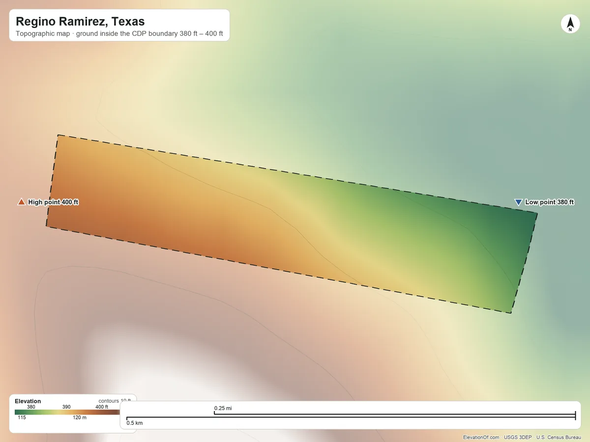 Topographic elevation map of Regino Ramirez, Texas, shaded from 380 ft on the east side to 400 ft on the west side