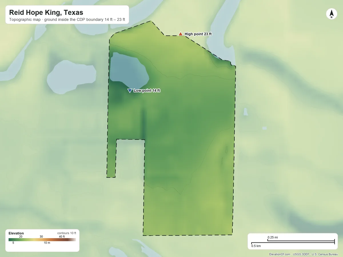 Topographic elevation map of Reid Hope King, Texas, shaded from 14 ft on the northwest side to 23 ft on the north side
