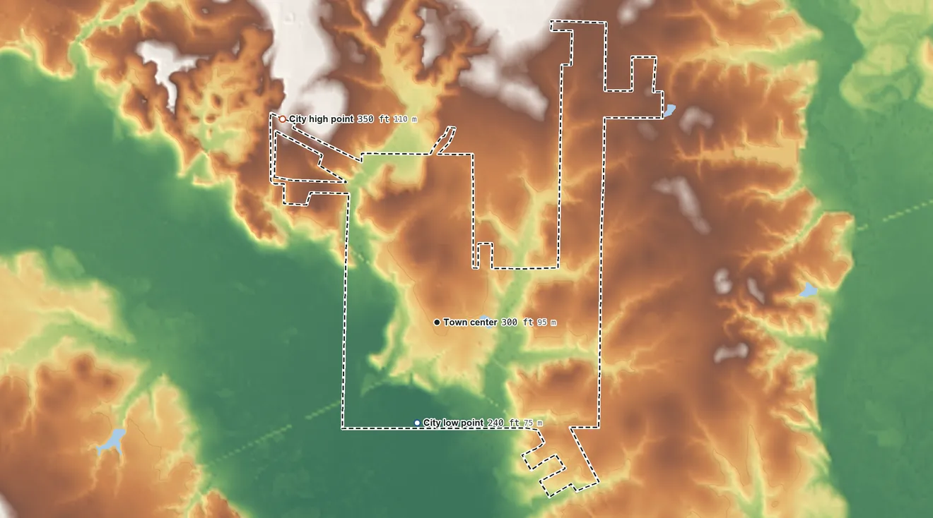 Topographic elevation map of Reklaw, Texas, shaded from 240 ft on the south side to 350 ft on the northwest side