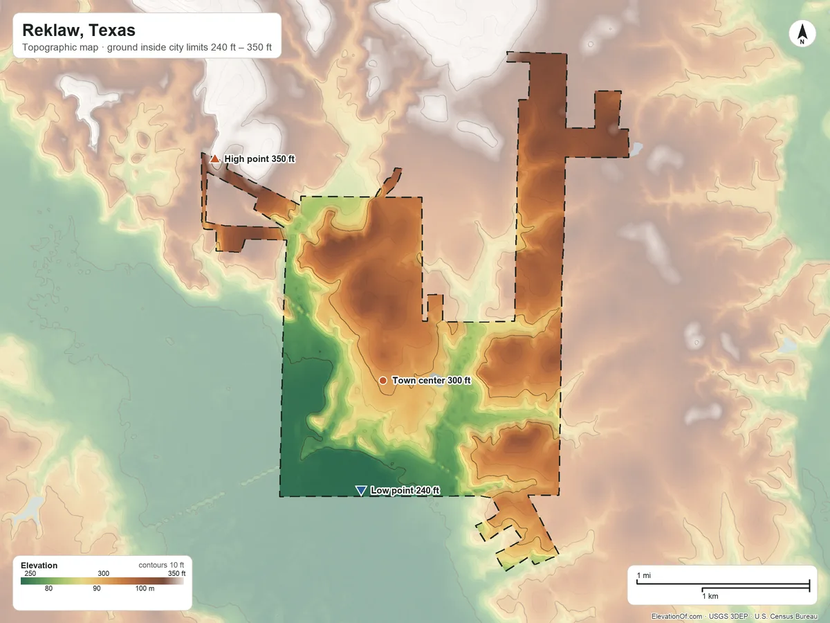Topographic elevation map of Reklaw, Texas, shaded from 240 ft on the south side to 350 ft on the northwest side