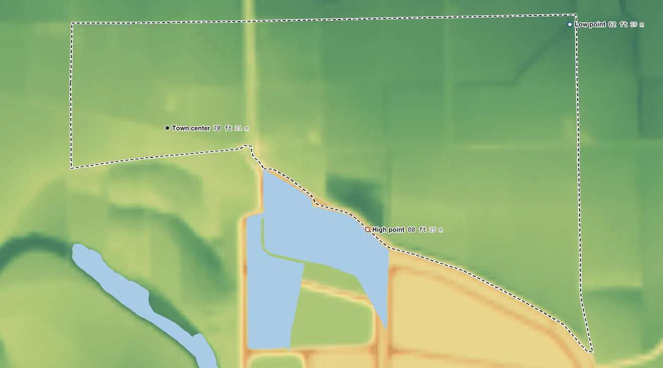 Topographic elevation map of Relampago, Texas, shaded from 62 ft on the east side to 80 ft on the southeast side