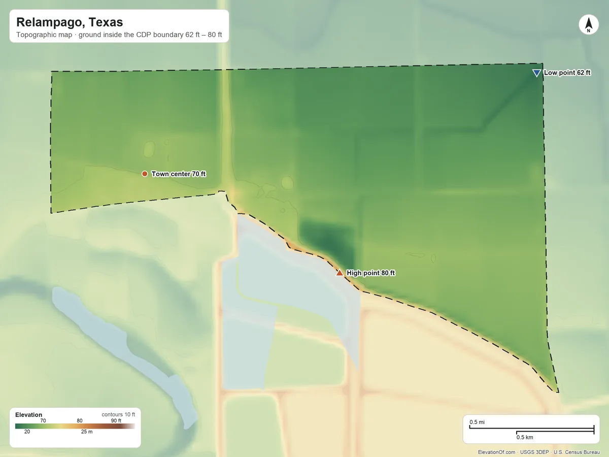 Topographic elevation map of Relampago, Texas, shaded from 62 ft on the east side to 80 ft on the southeast side