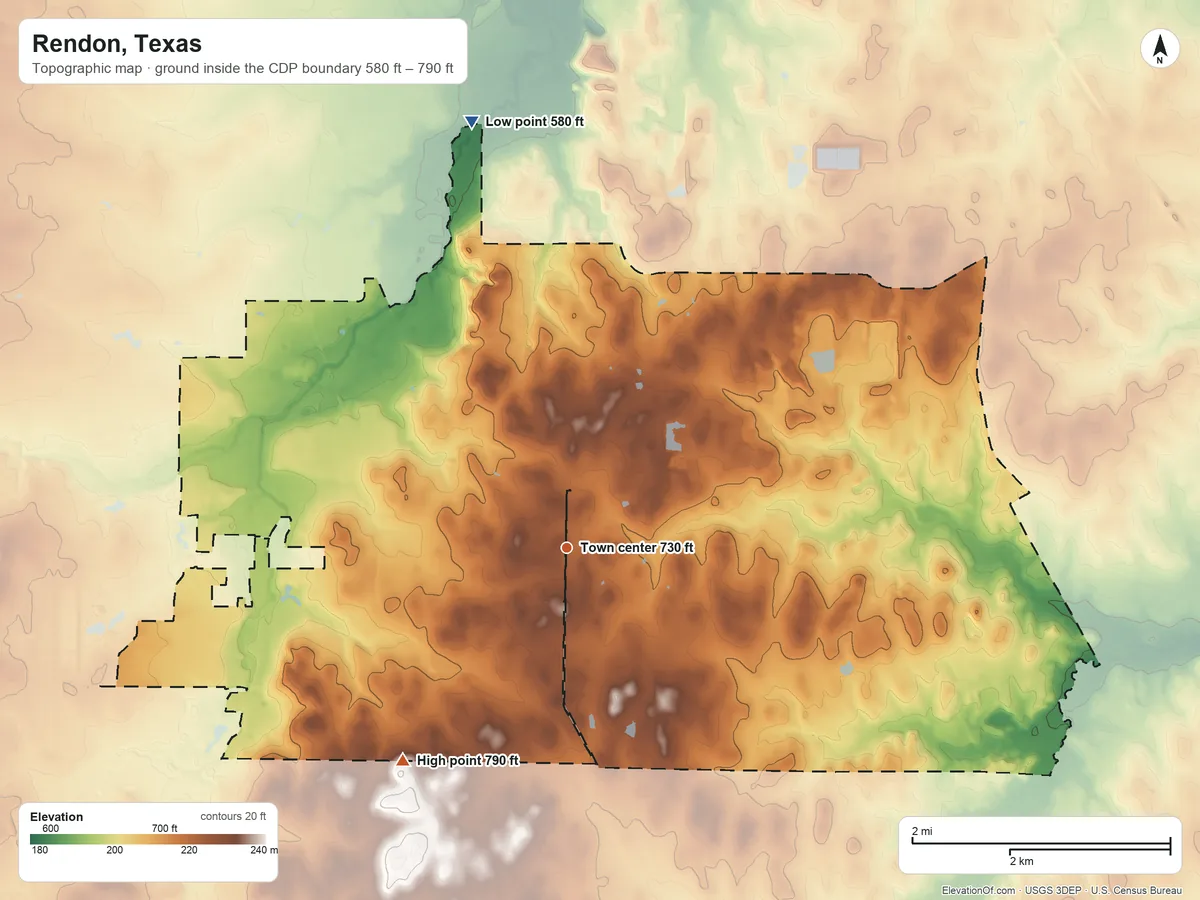 Topographic elevation map of Rendon, Texas, shaded from 580 ft on the north side to 790 ft on the southwest side