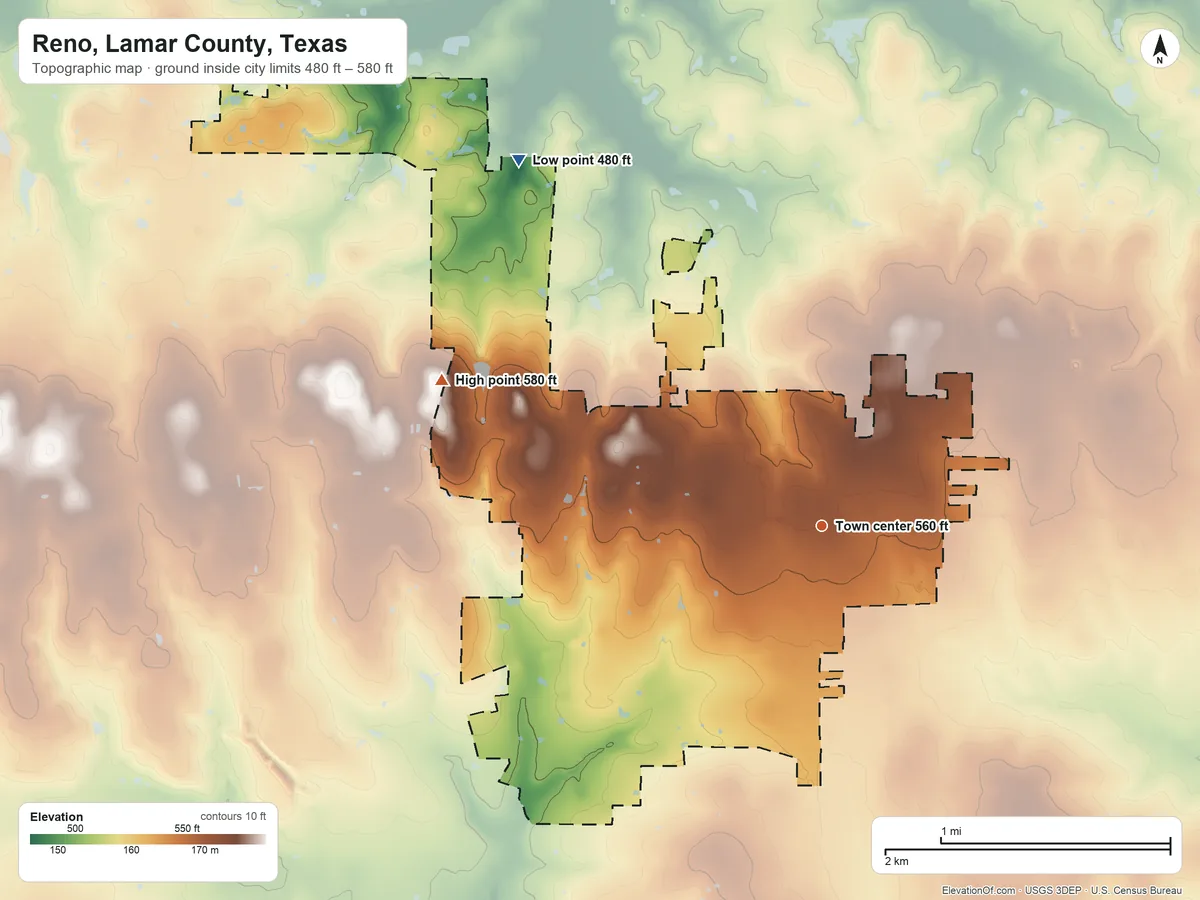 Topographic elevation map of Reno, Lamar County, Texas, shaded from 480 ft on the northwest side to 580 ft on the west side