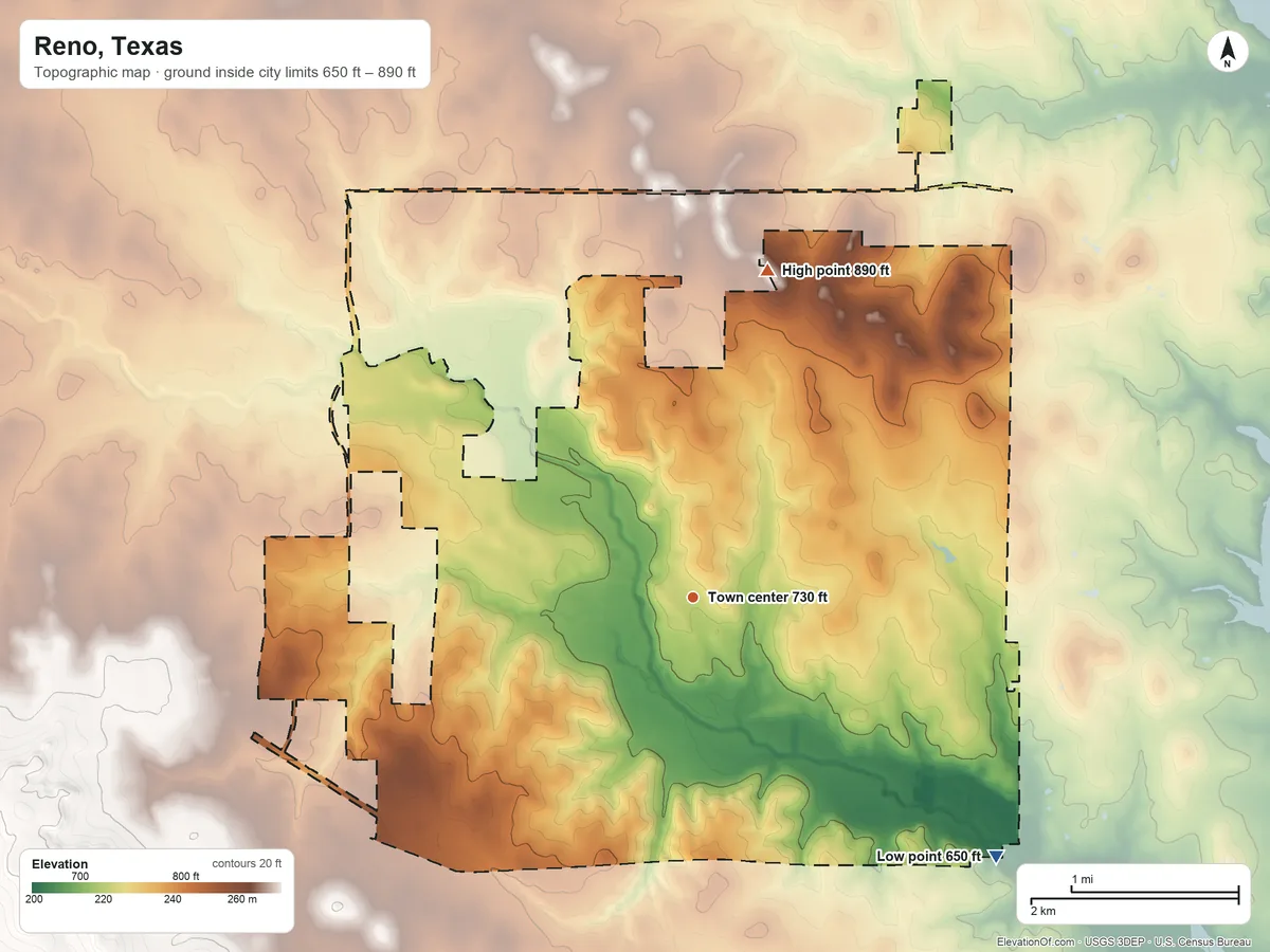 Topographic elevation map of Reno, Texas, shaded from 650 ft on the southeast side to 890 ft on the north side