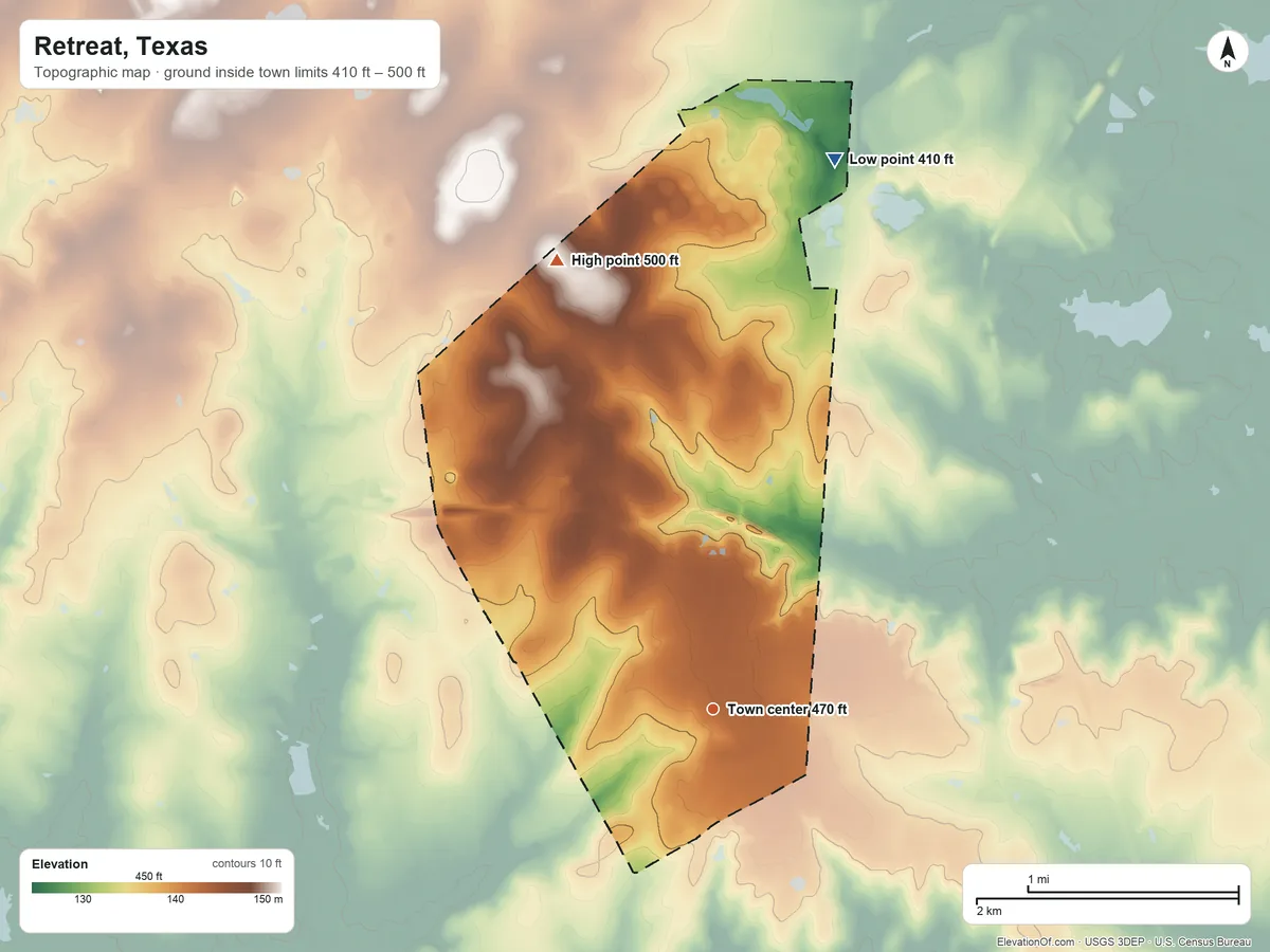 Topographic elevation map of Retreat, Texas, shaded from 410 ft on the north side to 500 ft on the north side