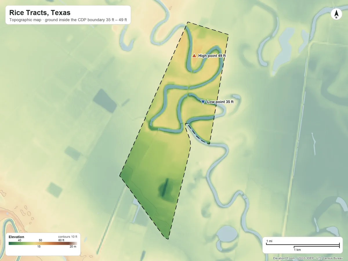 Topographic elevation map of Rice Tracts, Texas, shaded from 35 ft on the southeast side to 49 ft on the northeast side