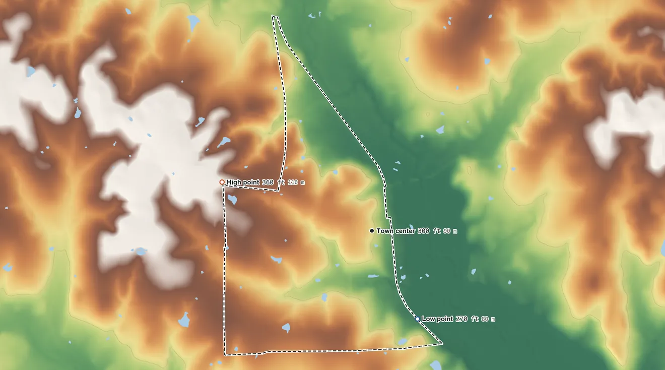 Topographic elevation map of Richards, Texas, shaded from 270 ft on the southeast side to 360 ft on the west side
