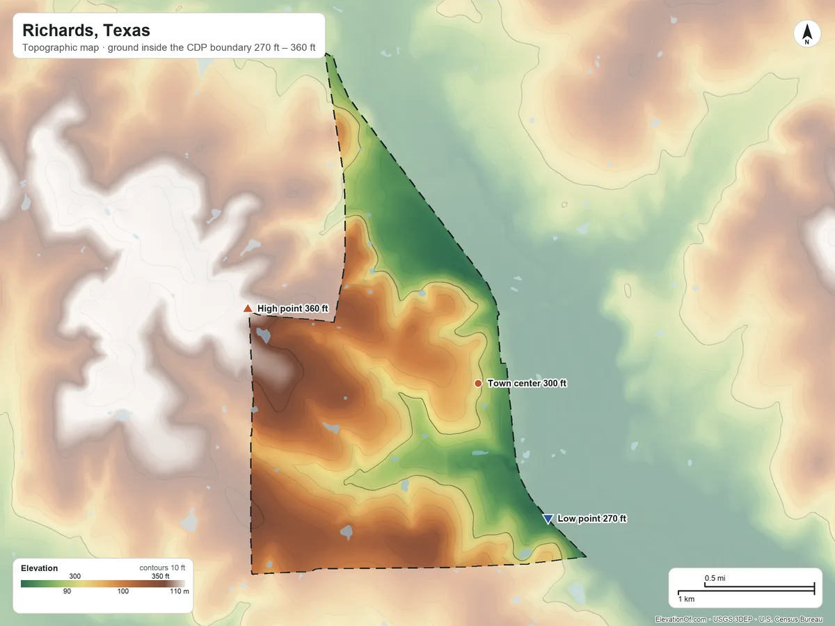 Topographic elevation map of Richards, Texas, shaded from 270 ft on the southeast side to 360 ft on the west side