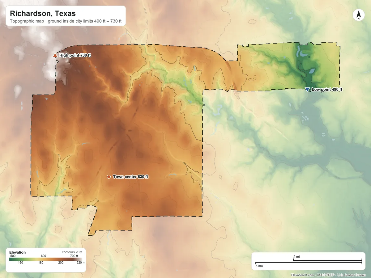 Topographic elevation map of Richardson, Texas, shaded from 490 ft on the northeast side to 730 ft on the northwest side
