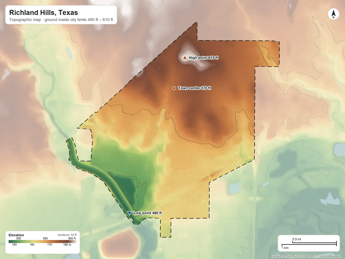 Topographic elevation map of Richland Hills, Texas, shaded from 480 ft on the south side to 610 ft on the north side