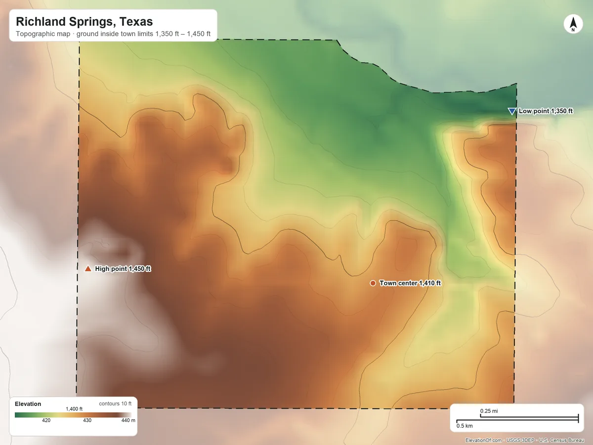 Topographic elevation map of Richland Springs, Texas, shaded from 1,350 ft on the northeast side to 1,450 ft on the west side