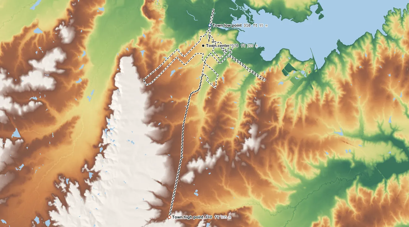 Topographic elevation map of Richland, Texas, shaded from 310 ft near the middle to 440 ft on the south side