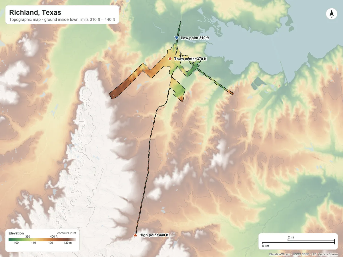 Topographic elevation map of Richland, Texas, shaded from 310 ft near the middle to 440 ft on the south side