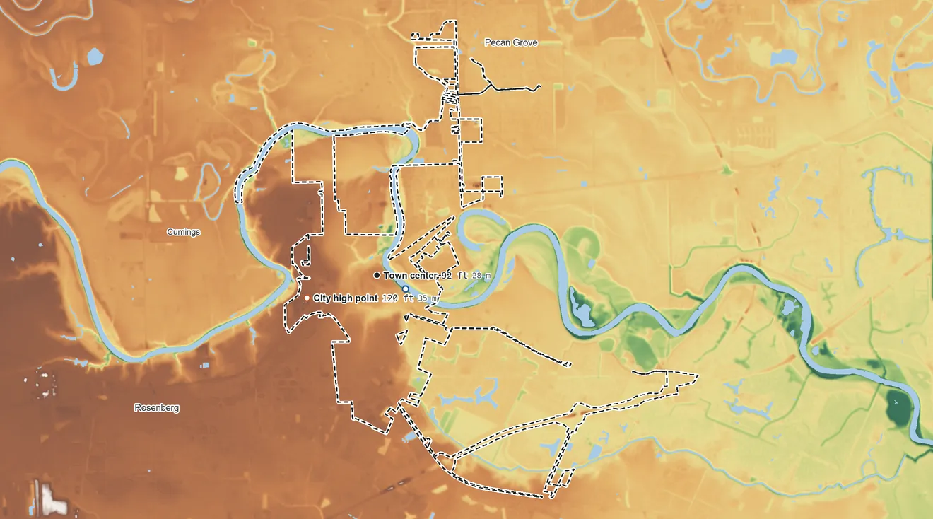 Topographic elevation map of Richmond, Texas, shaded from 44 ft near the middle to 120 ft on the west side