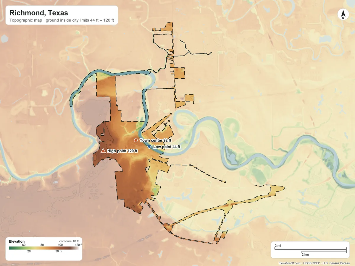 Topographic elevation map of Richmond, Texas, shaded from 44 ft near the middle to 120 ft on the west side