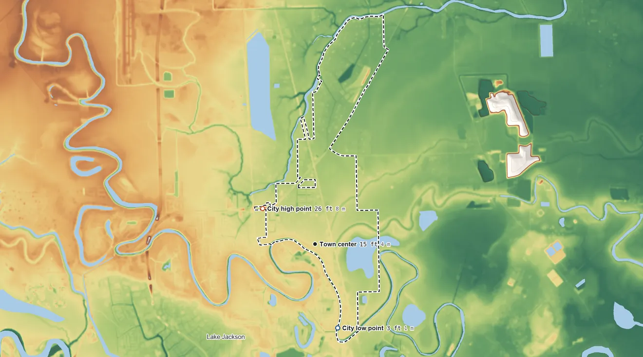 Topographic elevation map of Richwood, Texas, shaded from 3 ft on the south side to 26 ft on the northwest side