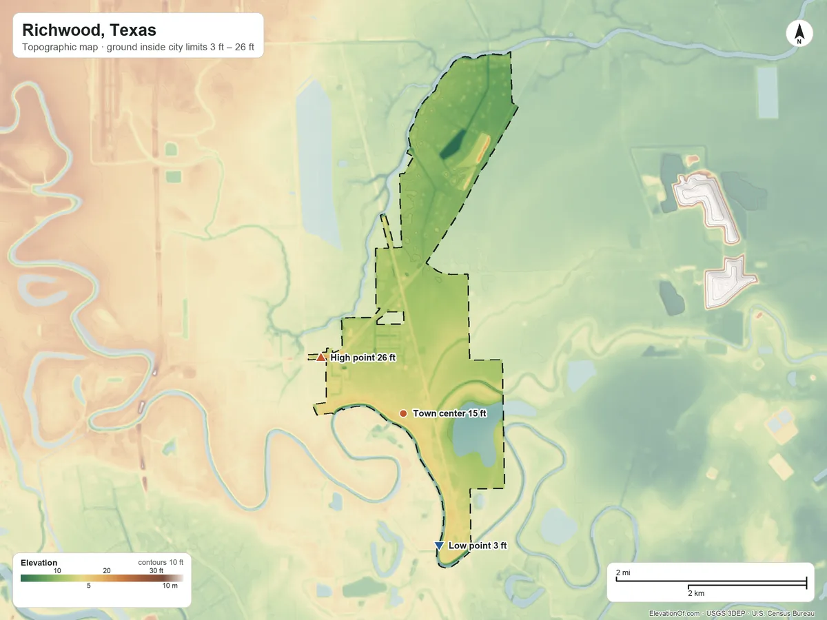 Topographic elevation map of Richwood, Texas, shaded from 3 ft on the south side to 26 ft on the northwest side
