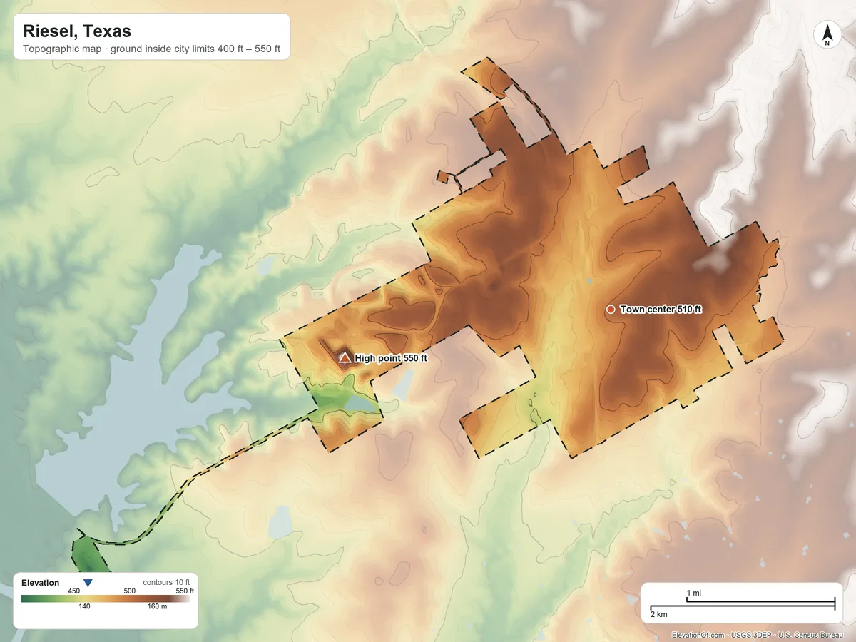 Topographic elevation map of Riesel, Texas, shaded from 400 ft on the southwest side to 550 ft on the west side