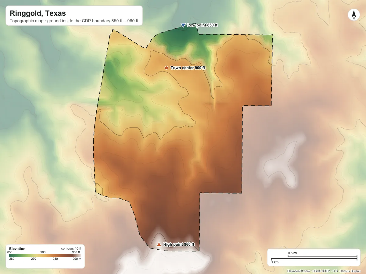 Topographic elevation map of Ringgold, Texas, shaded from 850 ft on the north side to 960 ft on the south side