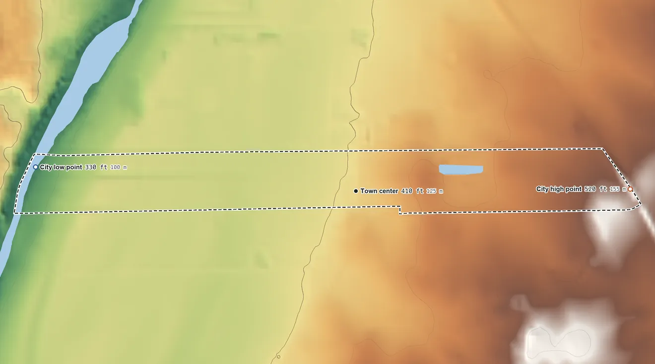 Topographic elevation map of Rio Bravo, Texas, shaded from 330 ft on the west side to 520 ft on the east side