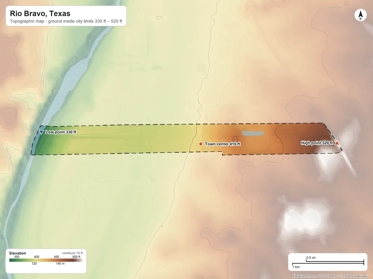 Topographic elevation map of Rio Bravo, Texas, shaded from 330 ft on the west side to 520 ft on the east side
