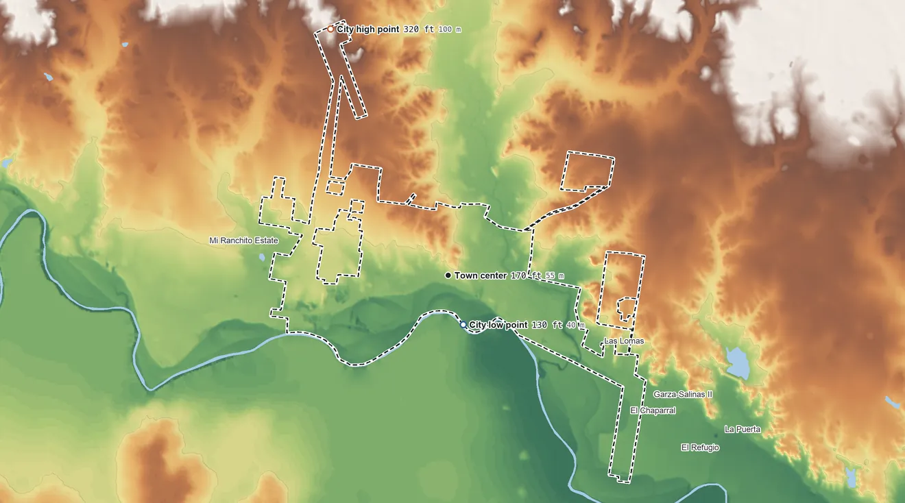 Topographic elevation map of Rio Grande City, Texas, shaded from 130 ft near the middle to 320 ft on the northwest side
