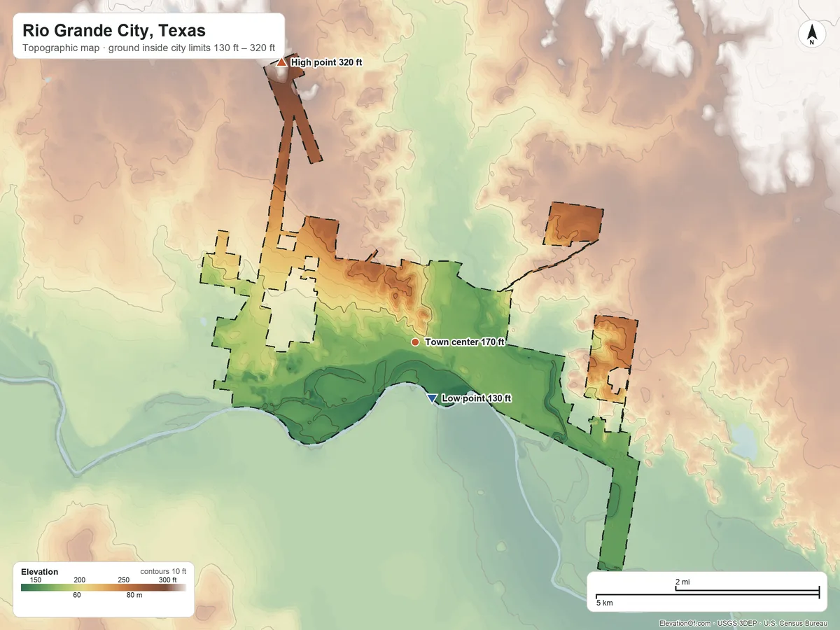 Topographic elevation map of Rio Grande City, Texas, shaded from 130 ft near the middle to 320 ft on the northwest side