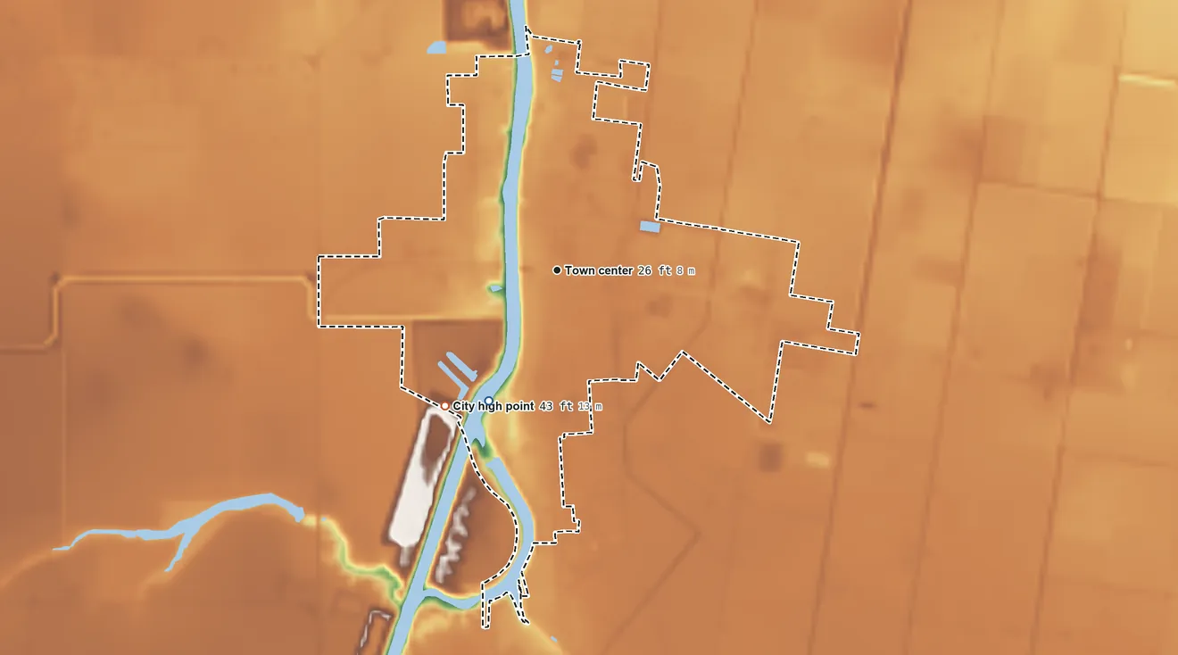 Topographic elevation map of Rio Hondo, Texas, shaded from 1 ft on the southwest side to 43 ft on the southwest side