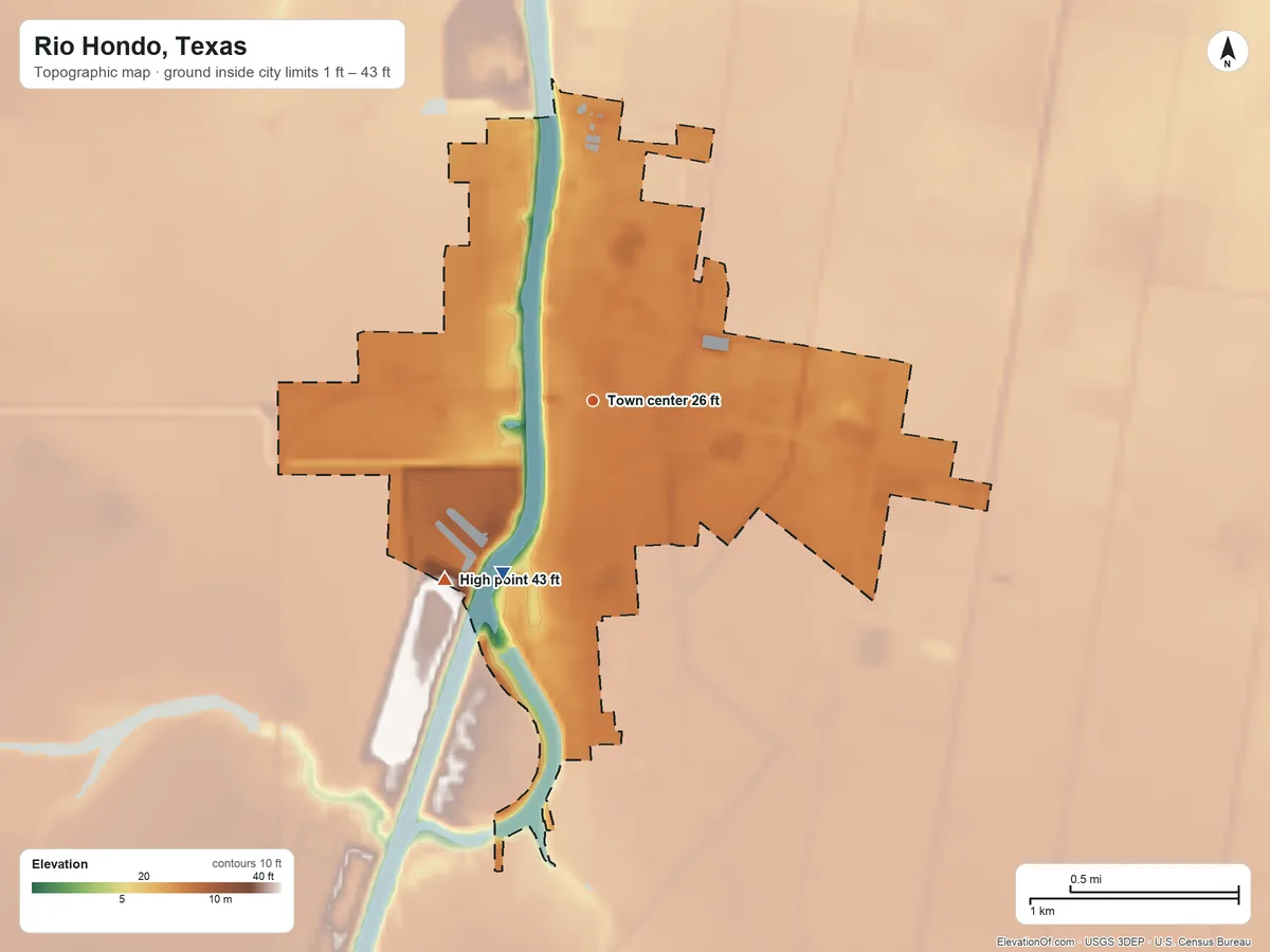 Topographic elevation map of Rio Hondo, Texas, shaded from 1 ft on the southwest side to 43 ft on the southwest side