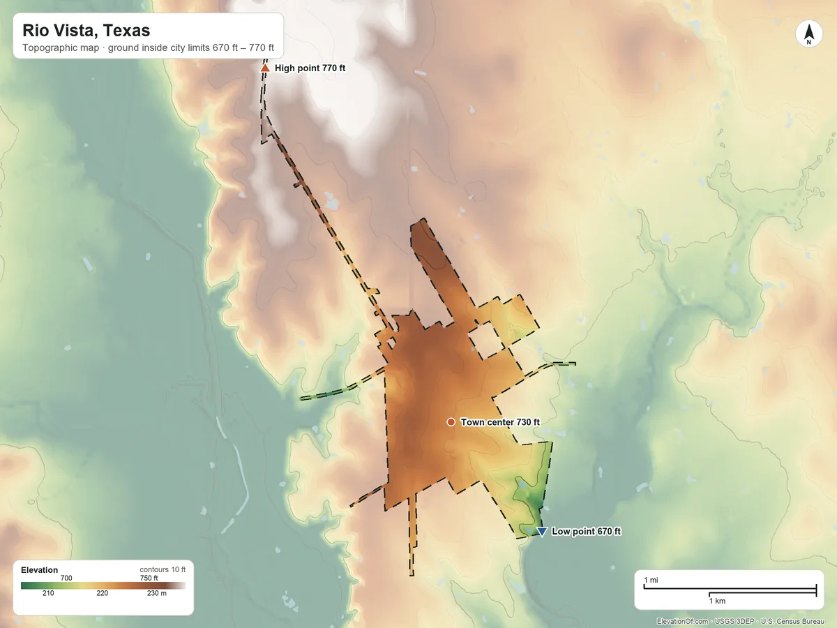 Topographic elevation map of Rio Vista, Texas, shaded from 670 ft on the southeast side to 770 ft on the northwest side