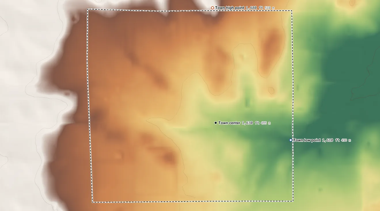 Topographic elevation map of Rising Star, Texas, shaded from 1,610 ft on the east side to 1,680 ft on the north side