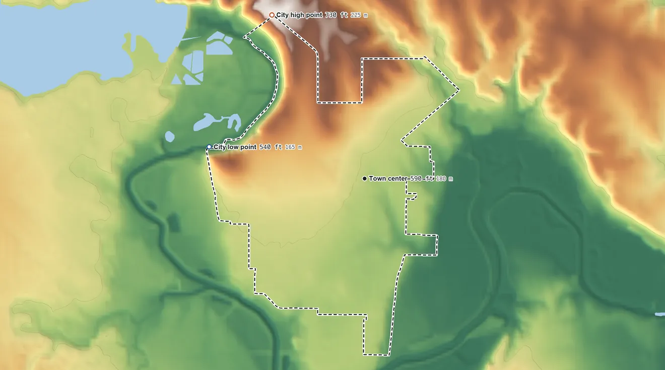 Topographic elevation map of River Oaks, Texas, shaded from 540 ft on the west side to 730 ft on the northwest side