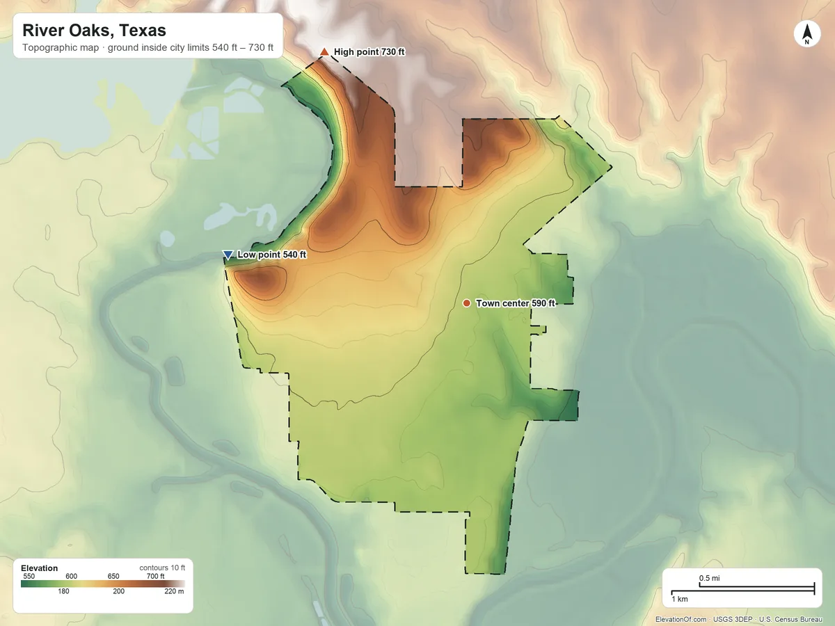 Topographic elevation map of River Oaks, Texas, shaded from 540 ft on the west side to 730 ft on the northwest side