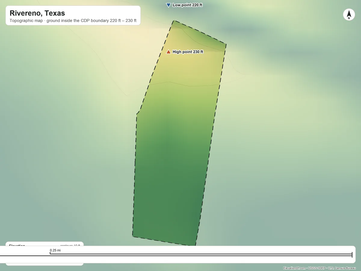 Topographic elevation map of Rivereno, Texas, shaded from 220 ft on the north side to 230 ft on the north side