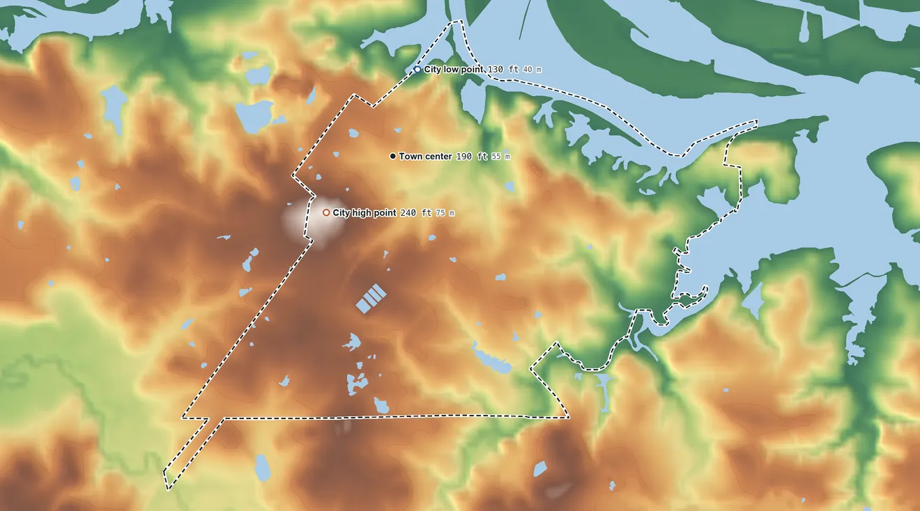 Topographic elevation map of Riverside, Texas, shaded from 130 ft on the north side to 240 ft on the southwest side