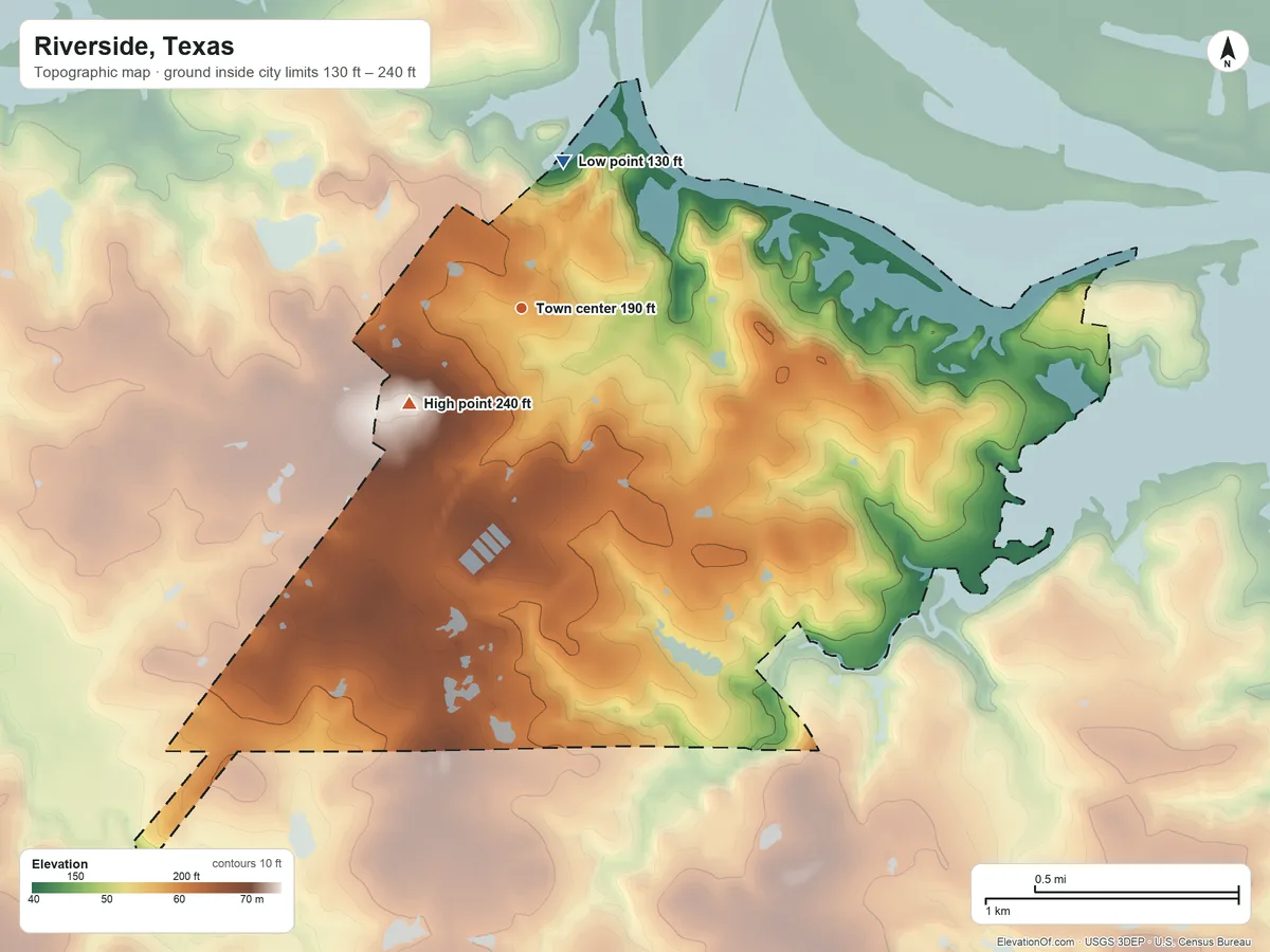 Topographic elevation map of Riverside, Texas, shaded from 130 ft on the north side to 240 ft on the southwest side