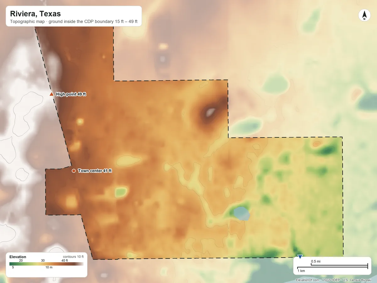 Topographic elevation map of Riviera, Texas, shaded from 15 ft on the east side to 49 ft on the north side