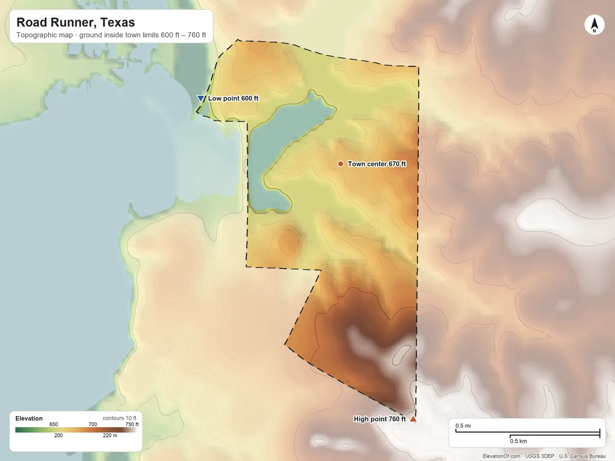 Topographic elevation map of Road Runner, Texas, shaded from 600 ft on the northwest side to 760 ft on the south side