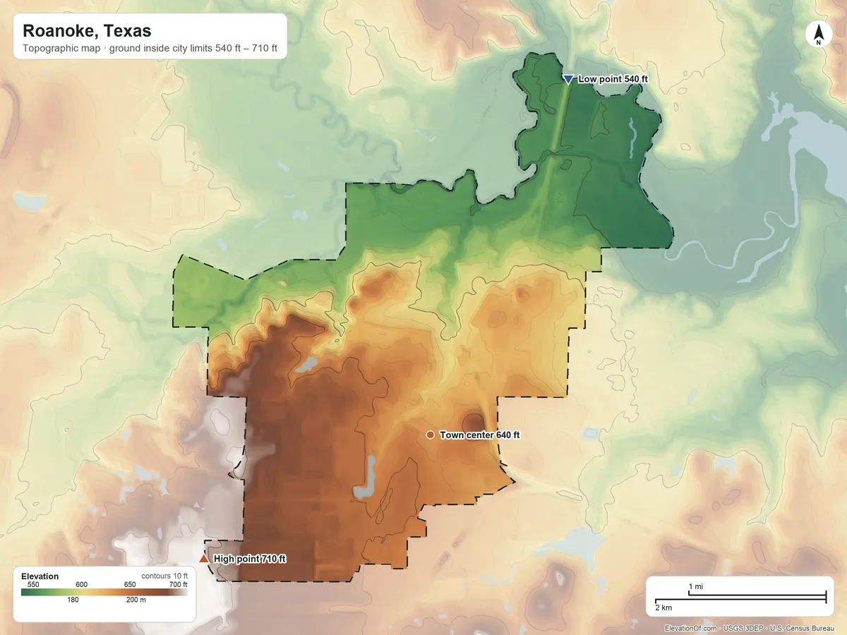 Topographic elevation map of Roanoke, Texas, shaded from 540 ft on the north side to 710 ft on the southwest side