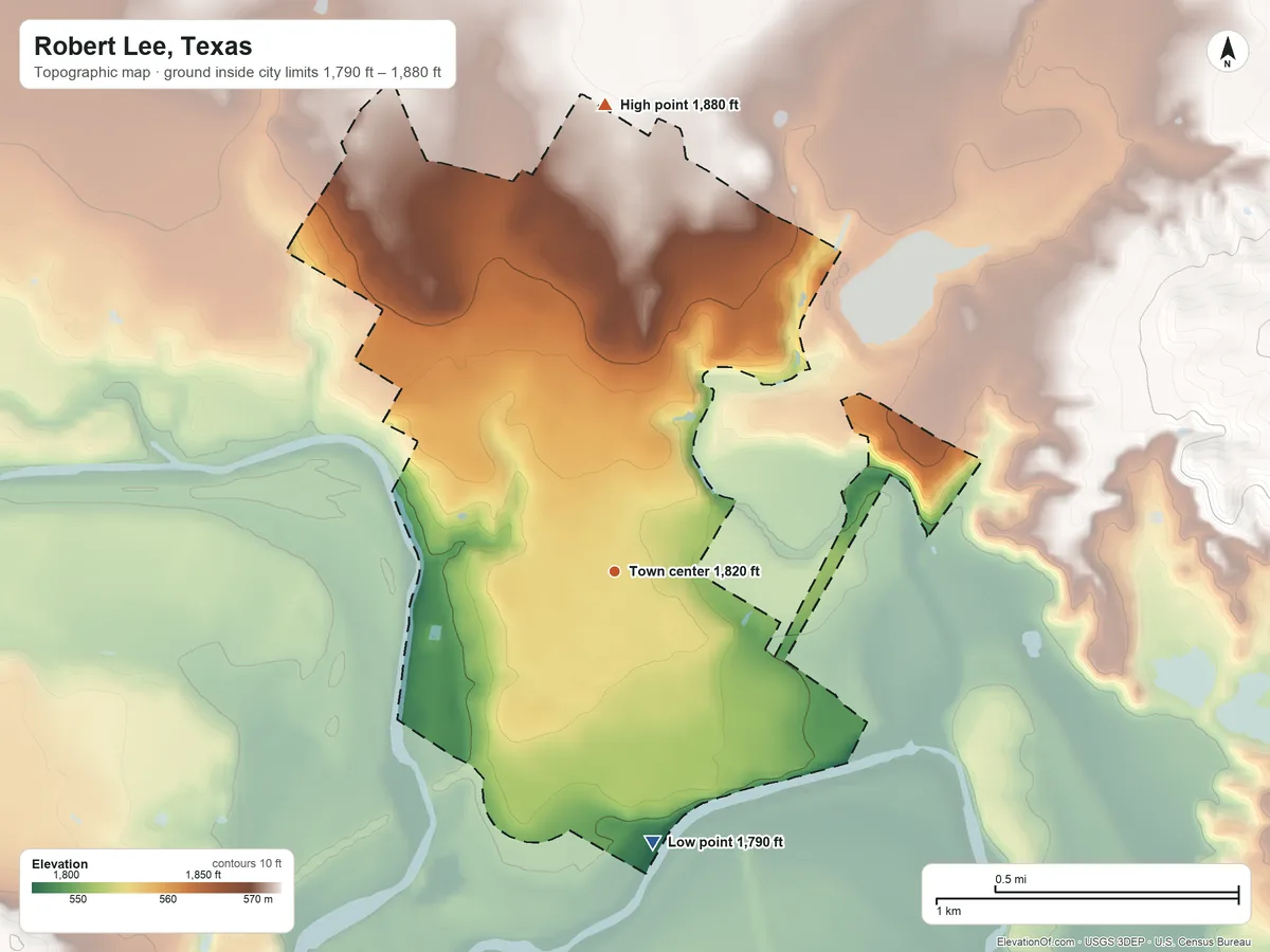 Topographic elevation map of Robert Lee, Texas, shaded from 1,790 ft on the south side to 1,880 ft on the north side