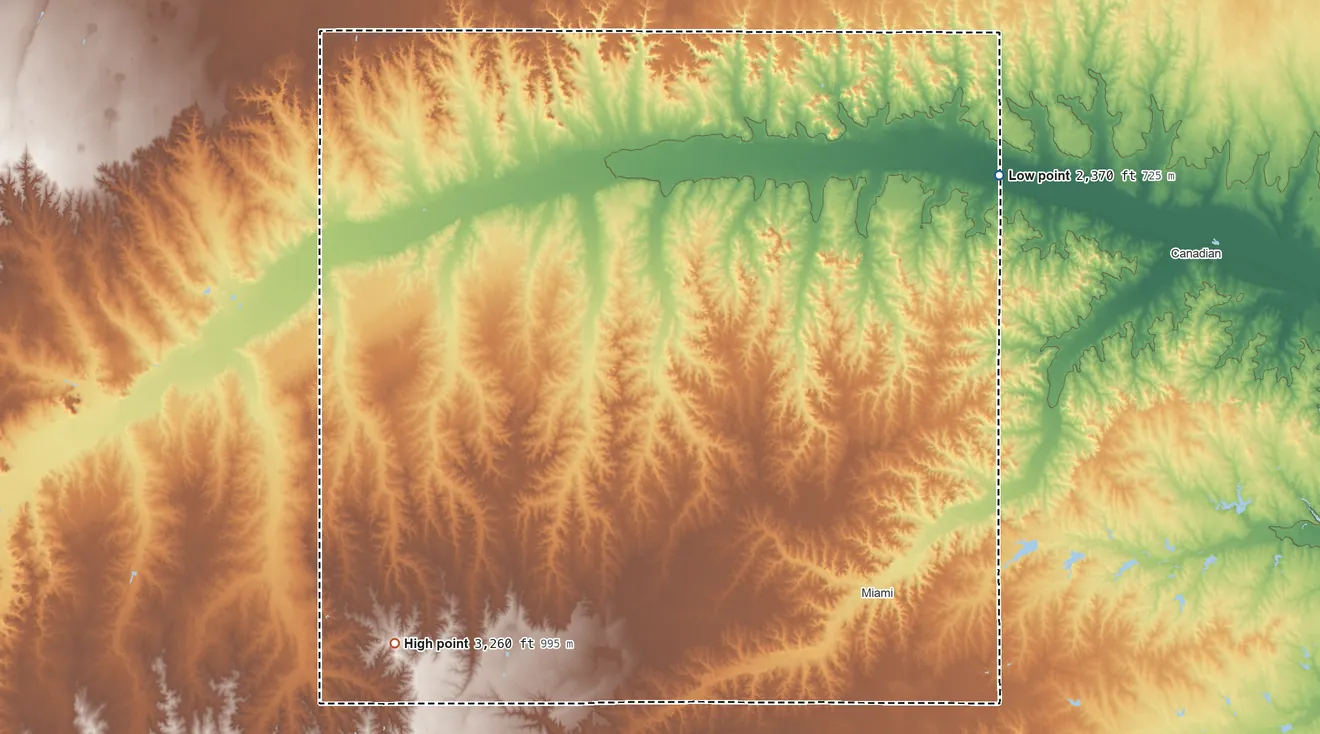 Topographic elevation map of Roberts County, Texas, shaded from 2,370 ft on the northeast side to 3,260 ft on the southwest side