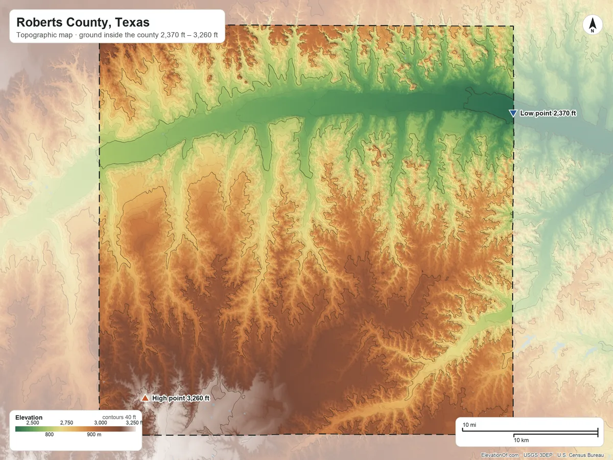 Topographic elevation map of Roberts County, Texas, shaded from 2,370 ft on the northeast side to 3,260 ft on the southwest side