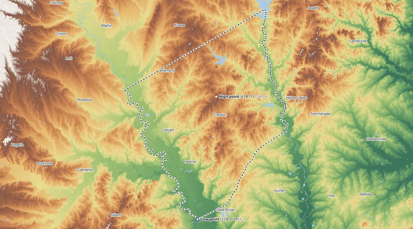 Topographic elevation map of Robertson County, Texas, shaded from 210 ft on the south side to 610 ft near the middle