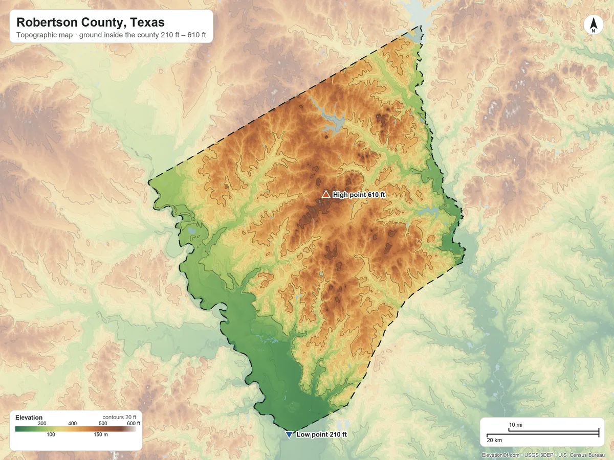 Topographic elevation map of Robertson County, Texas, shaded from 210 ft on the south side to 610 ft near the middle