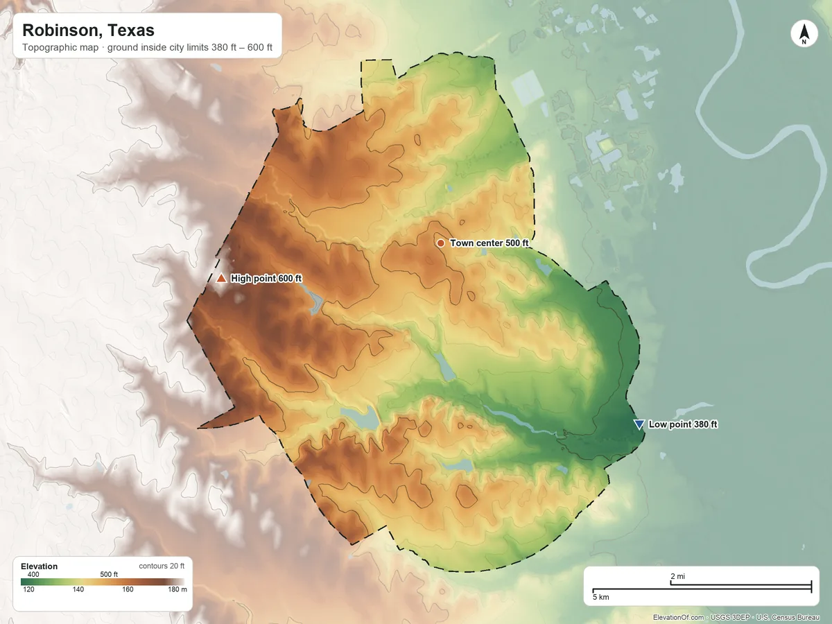 Topographic elevation map of Robinson, Texas, shaded from 380 ft on the southeast side to 600 ft on the west side