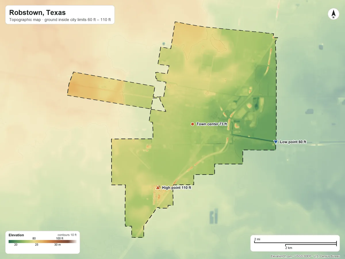 Topographic elevation map of Robstown, Texas, shaded from 60 ft on the east side to 110 ft on the southwest side