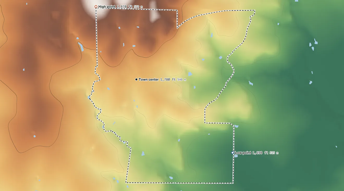 Topographic elevation map of Rochelle, Texas, shaded from 1,690 ft on the southeast side to 1,870 ft on the northwest side