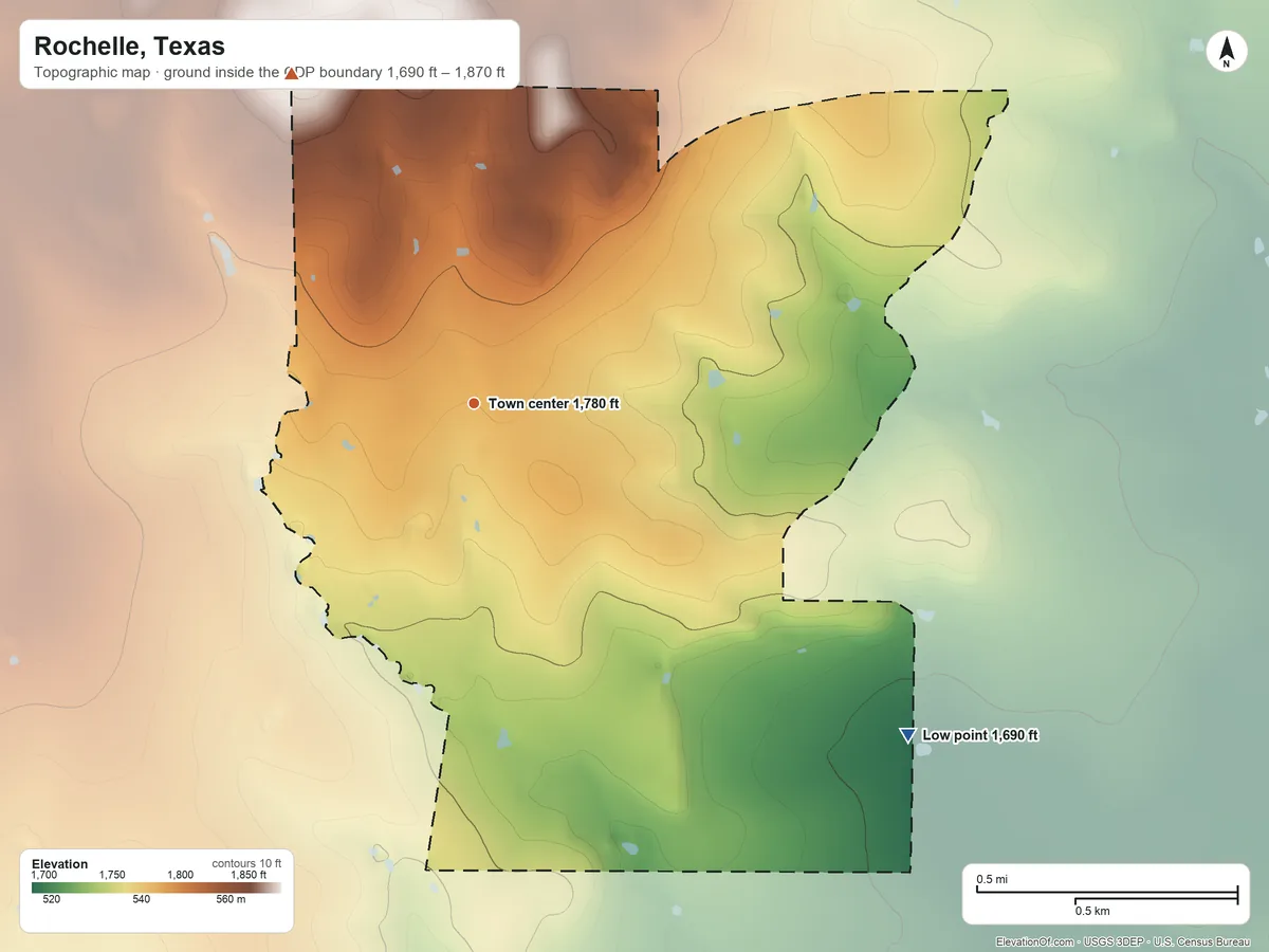 Topographic elevation map of Rochelle, Texas, shaded from 1,690 ft on the southeast side to 1,870 ft on the northwest side