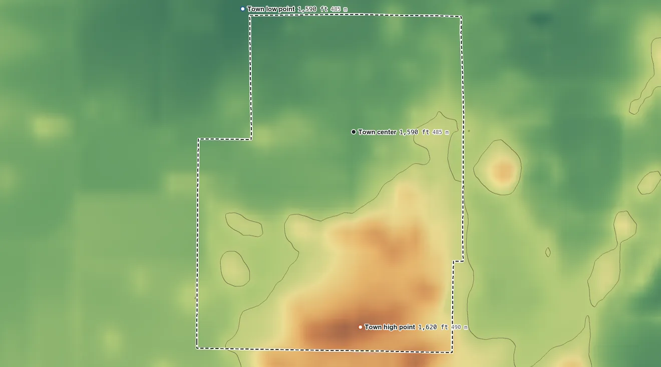 Topographic elevation map of Rochester, Texas, shaded from 1,590 ft on the northwest side to 1,620 ft on the south side